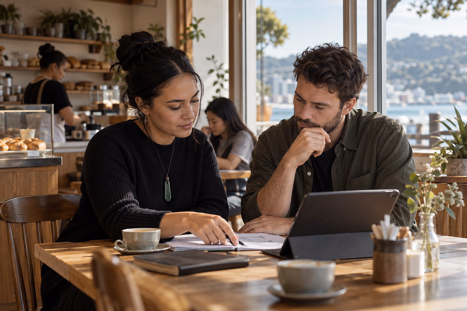 New Zealand cafe owners reviewing their finance options at a table in their cafe