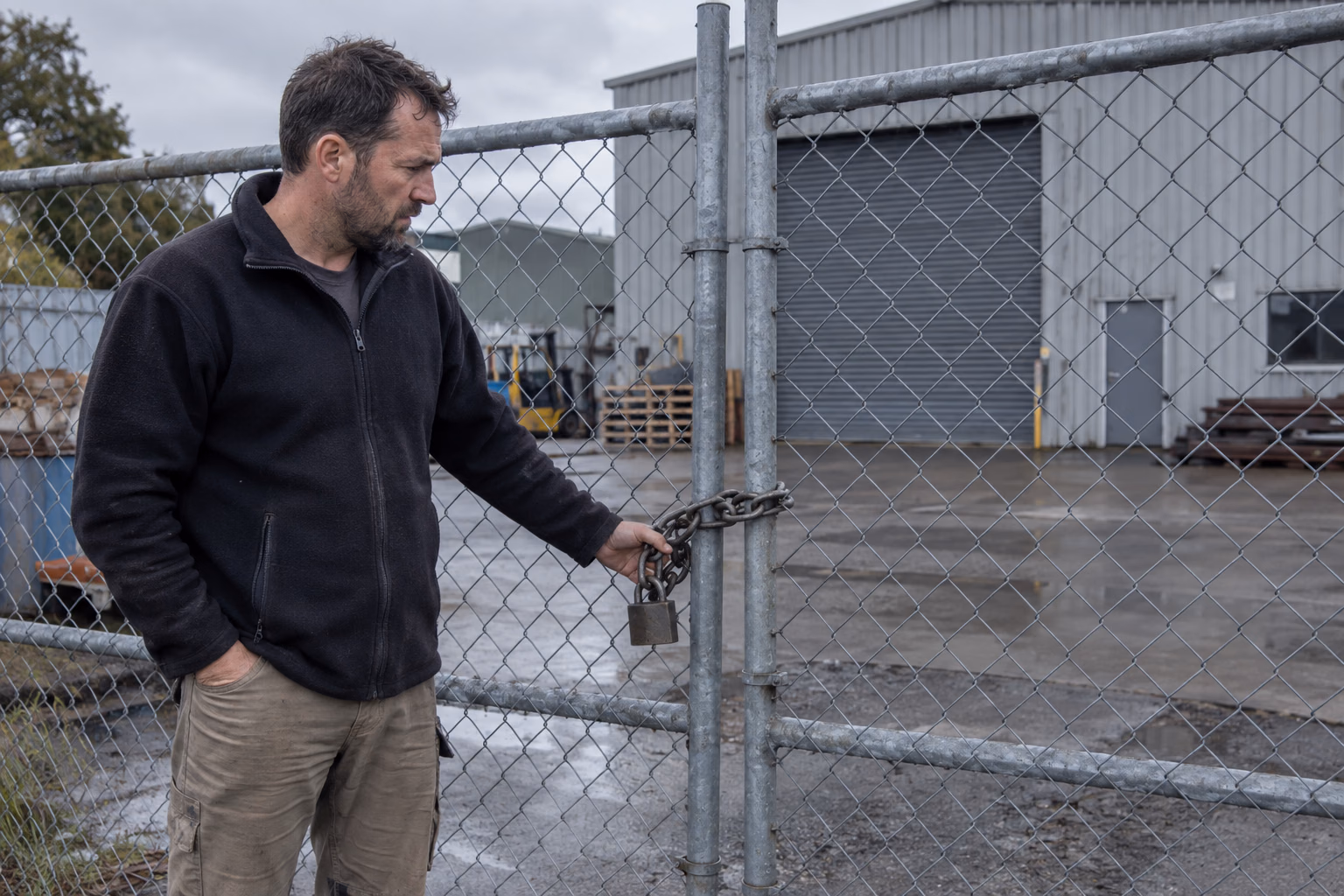 Illustrative image of a business owner at a locked commercial workshop gate