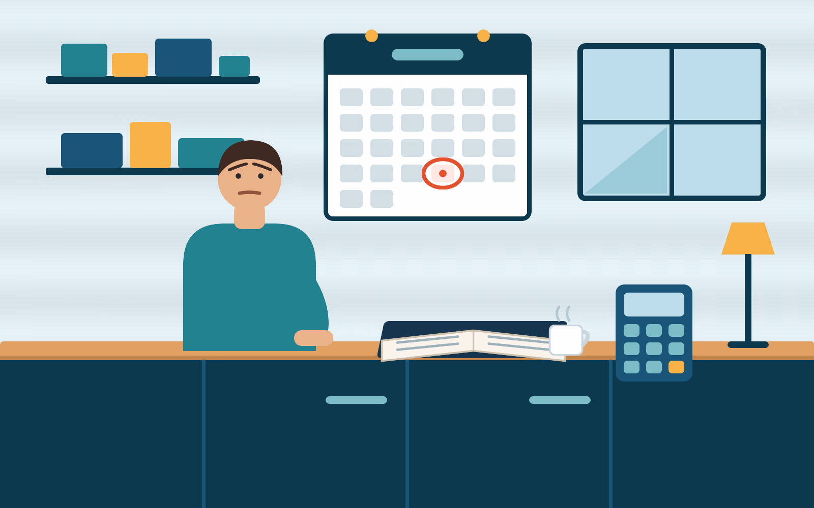 Illustration of a worried business owner behind a counter, below a wall calendar with one date circled, beside an open ledger and a calculator