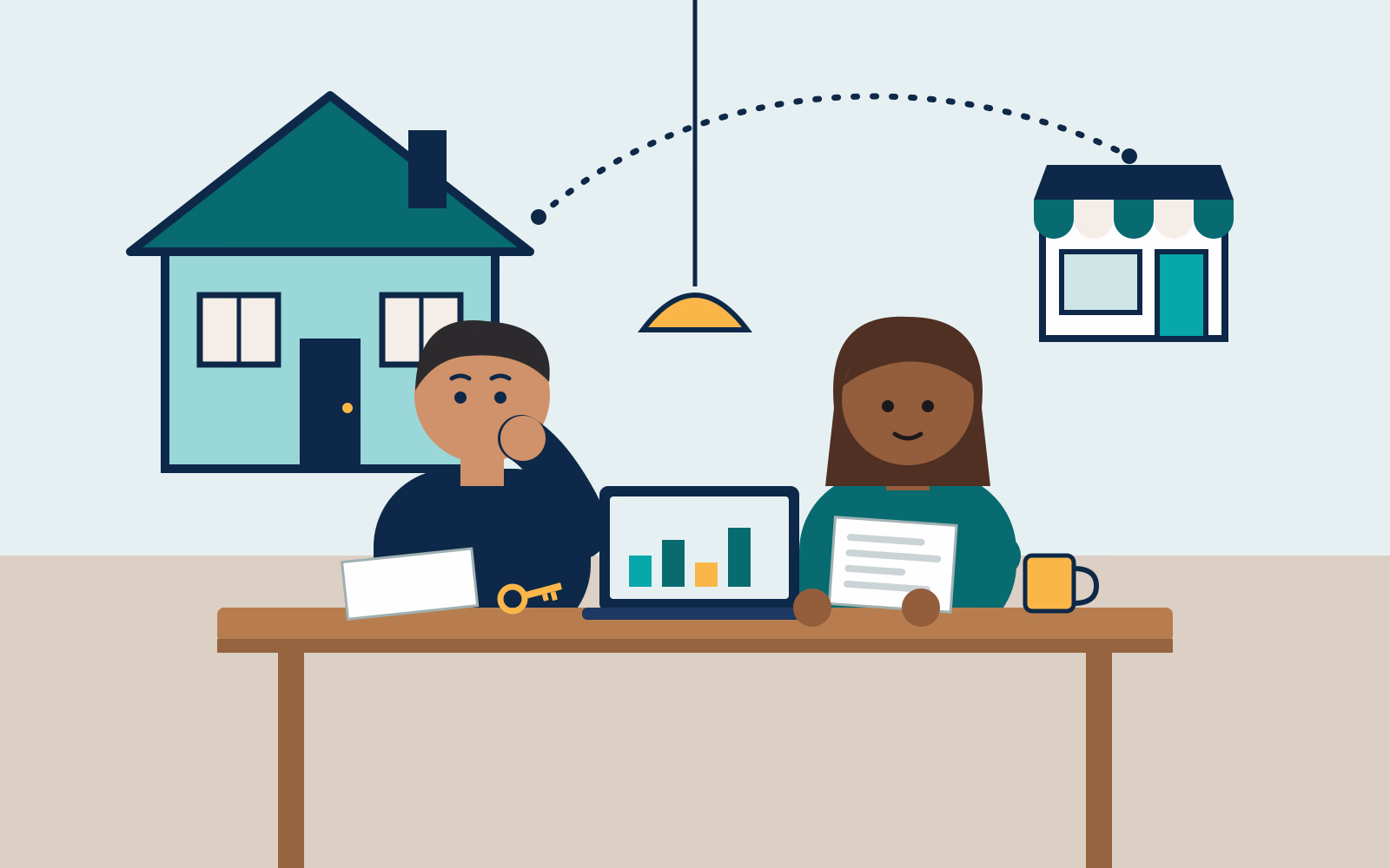 Illustration of a business owner, hand at chin, and their partner holding a sheet of paper at a kitchen table with a laptop, a house key and a mug, while a large house on the wall behind them is linked by a dotted line to a small shopfront