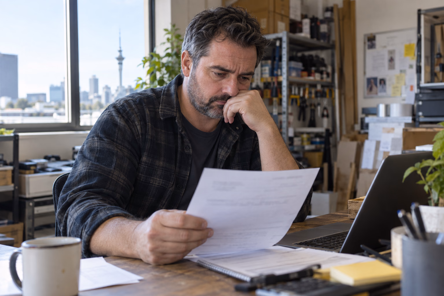 Illustrative image of a worried Auckland workshop owner reading an IRD overdue-tax notice