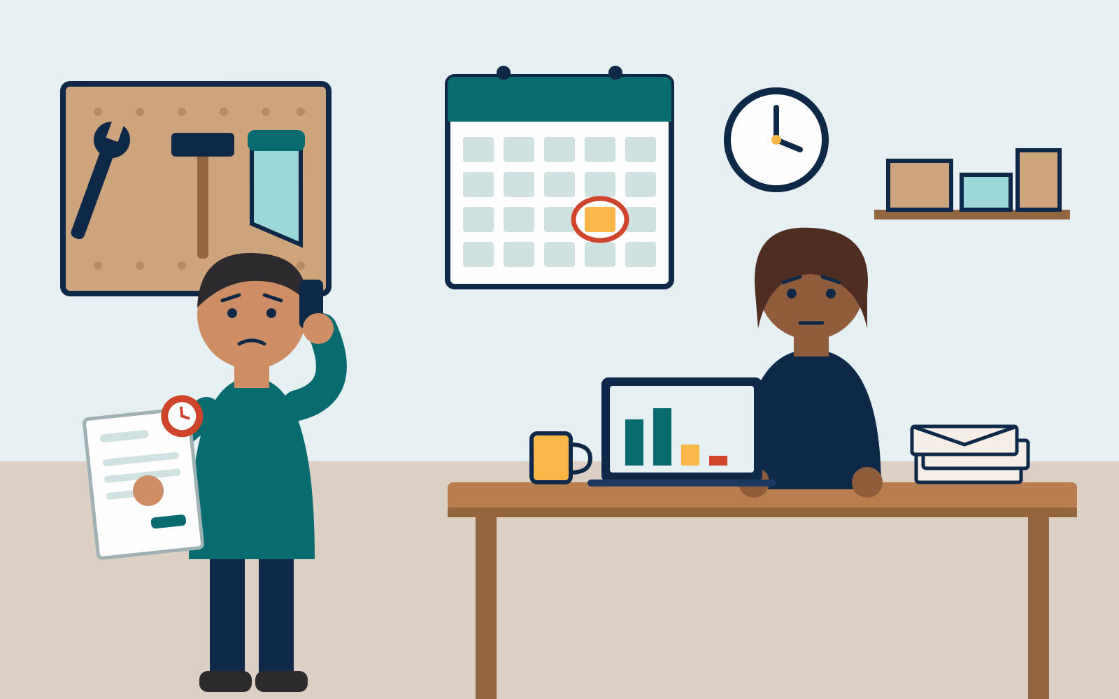 Illustration of two business owners in a small workshop: one stands on the phone holding an invoice marked with a red clock, the other sits at a laptop on the workbench beside a stack of envelopes, under a wall calendar with one day circled