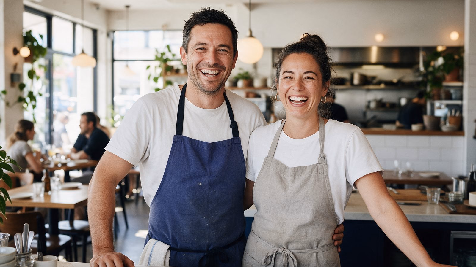 Illustrative image of two smiling owners behind the counter of their busy New Zealand restaurant