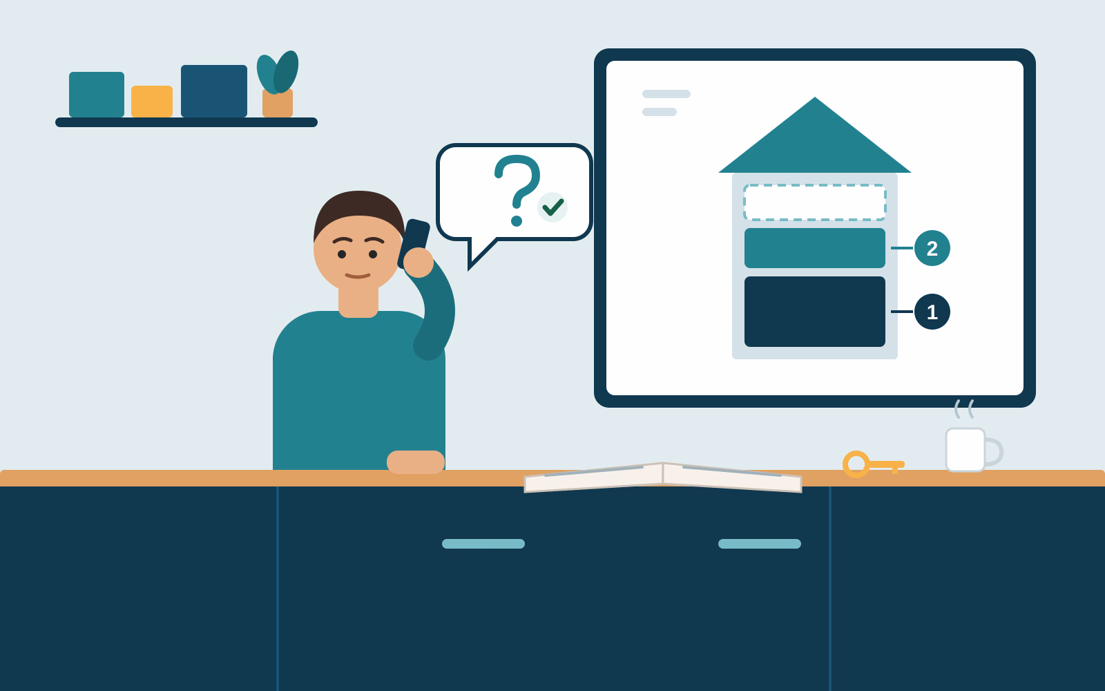 Illustration of a business owner on the phone at a desk, beside a wall board showing a house split into a large first layer, a smaller second layer and a dashed space above