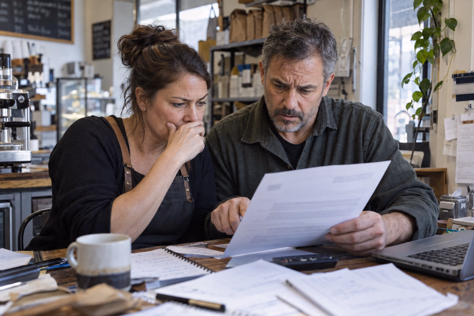 Illustrative image of two concerned café owners reviewing a statutory-demand letter