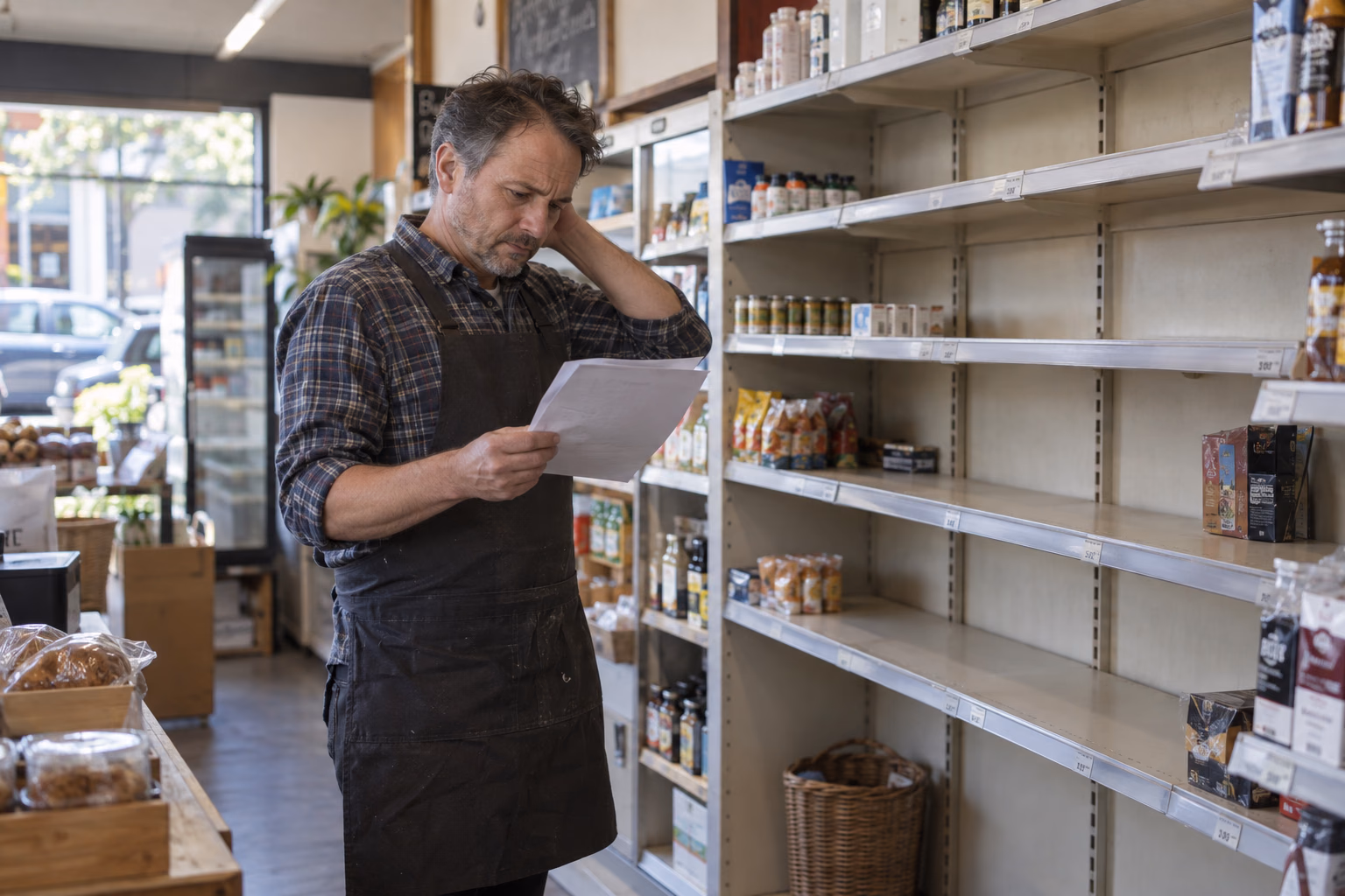 Illustrative image of a concerned shop owner reading a supplier notice beside sparse shelves