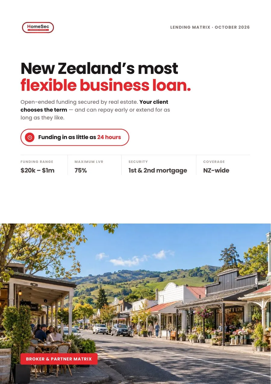 Cover page of the HomeSec New Zealand lending matrix, October 2026