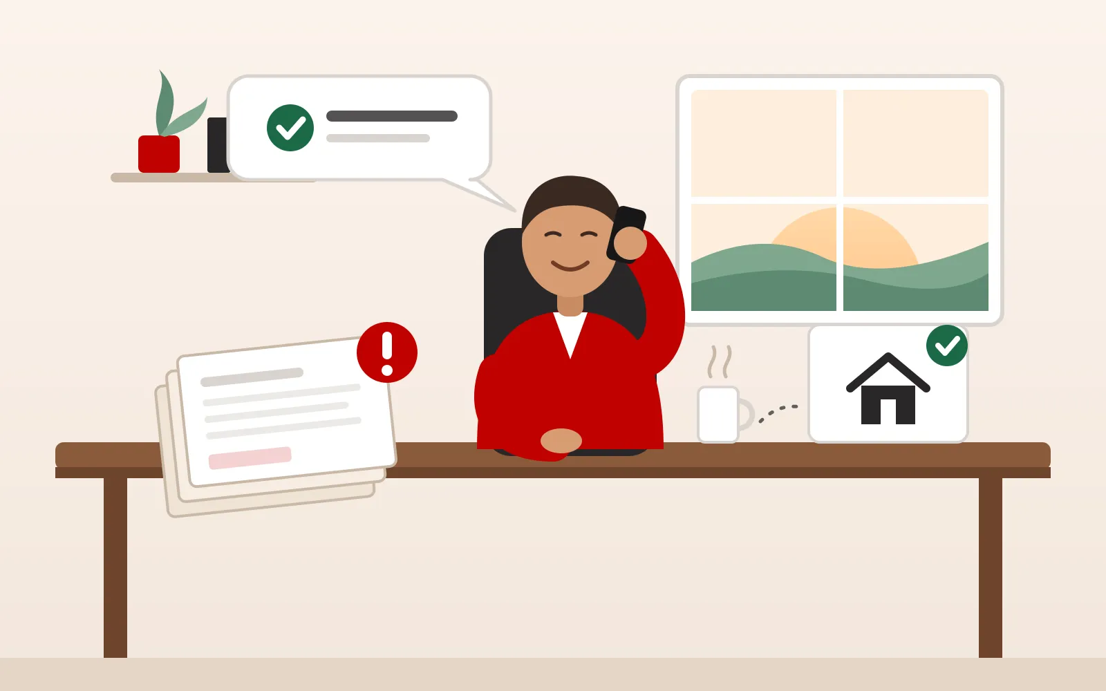 Illustration of a relaxed business owner on the phone at a desk, with a pile of overdue letters on one side and a house with a green tick on the other