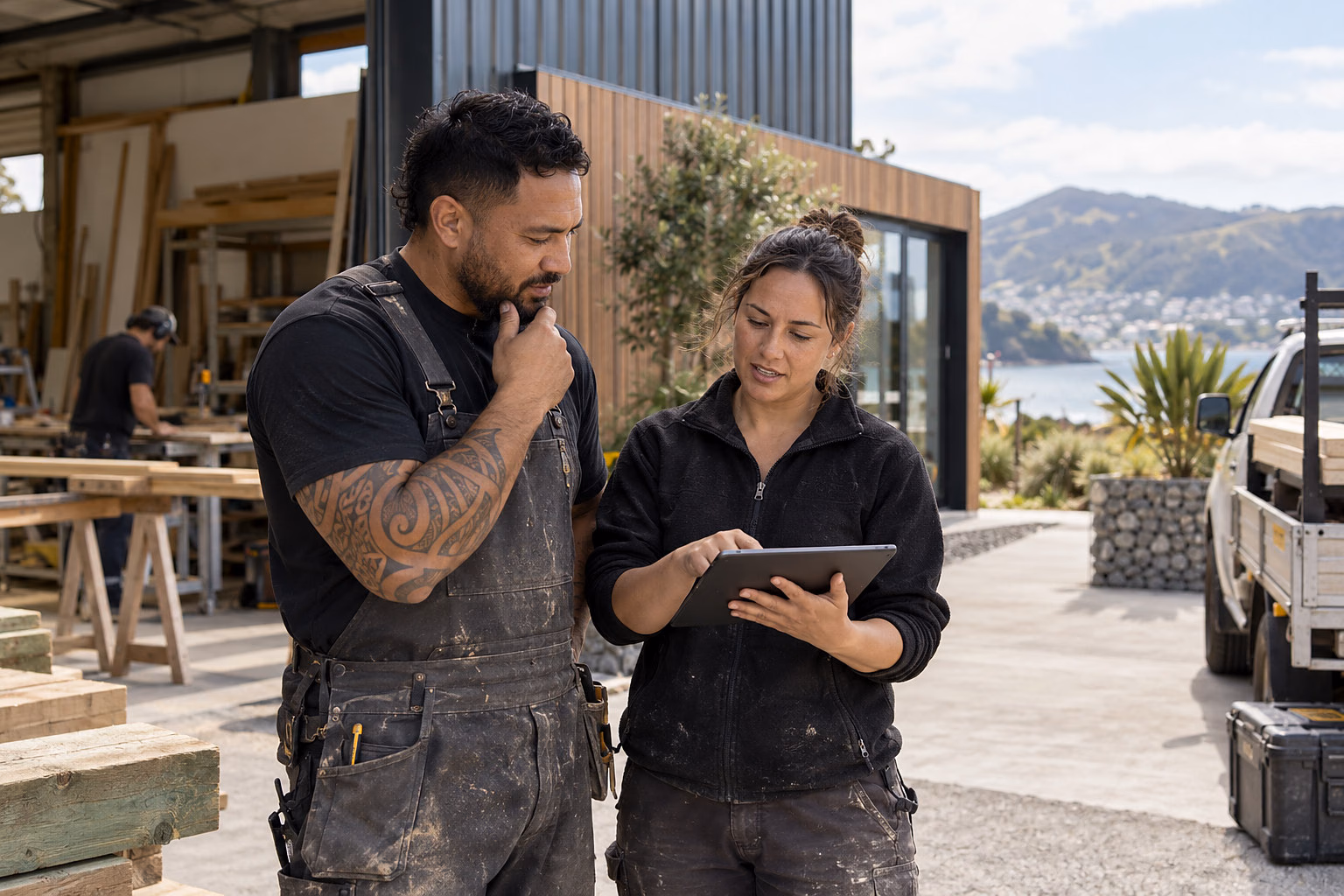 A self-employed New Zealand builder and his business partner checking a job schedule on a tablet outside their workshop
