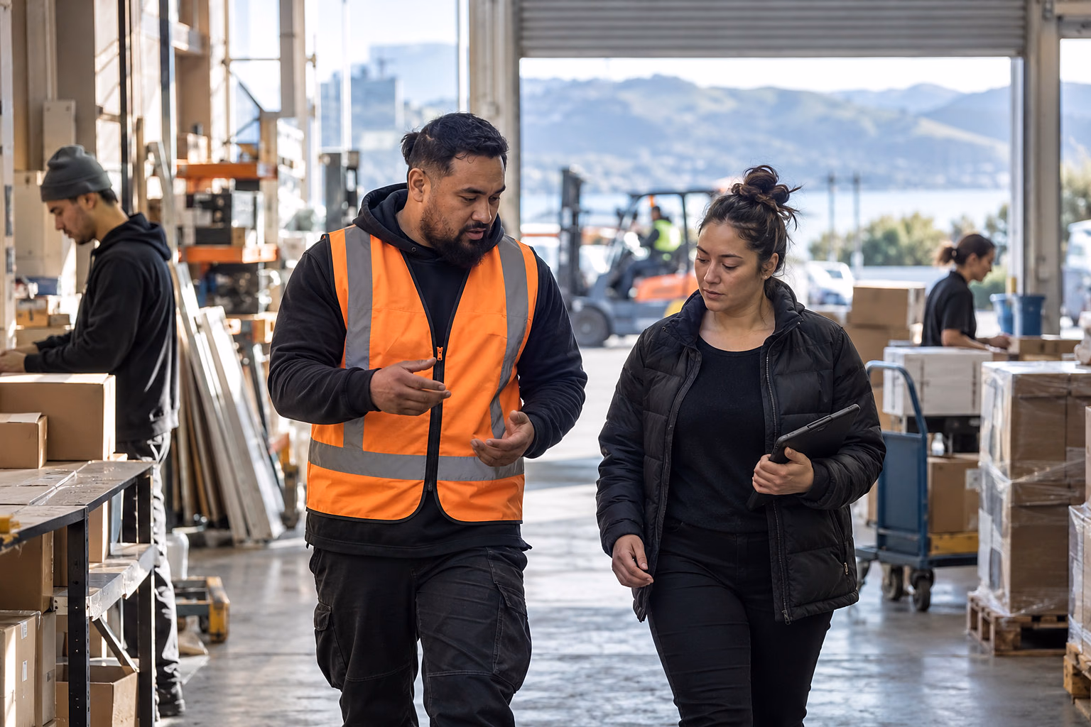 New Zealand warehouse business owners talking through an urgent order on the shop floor